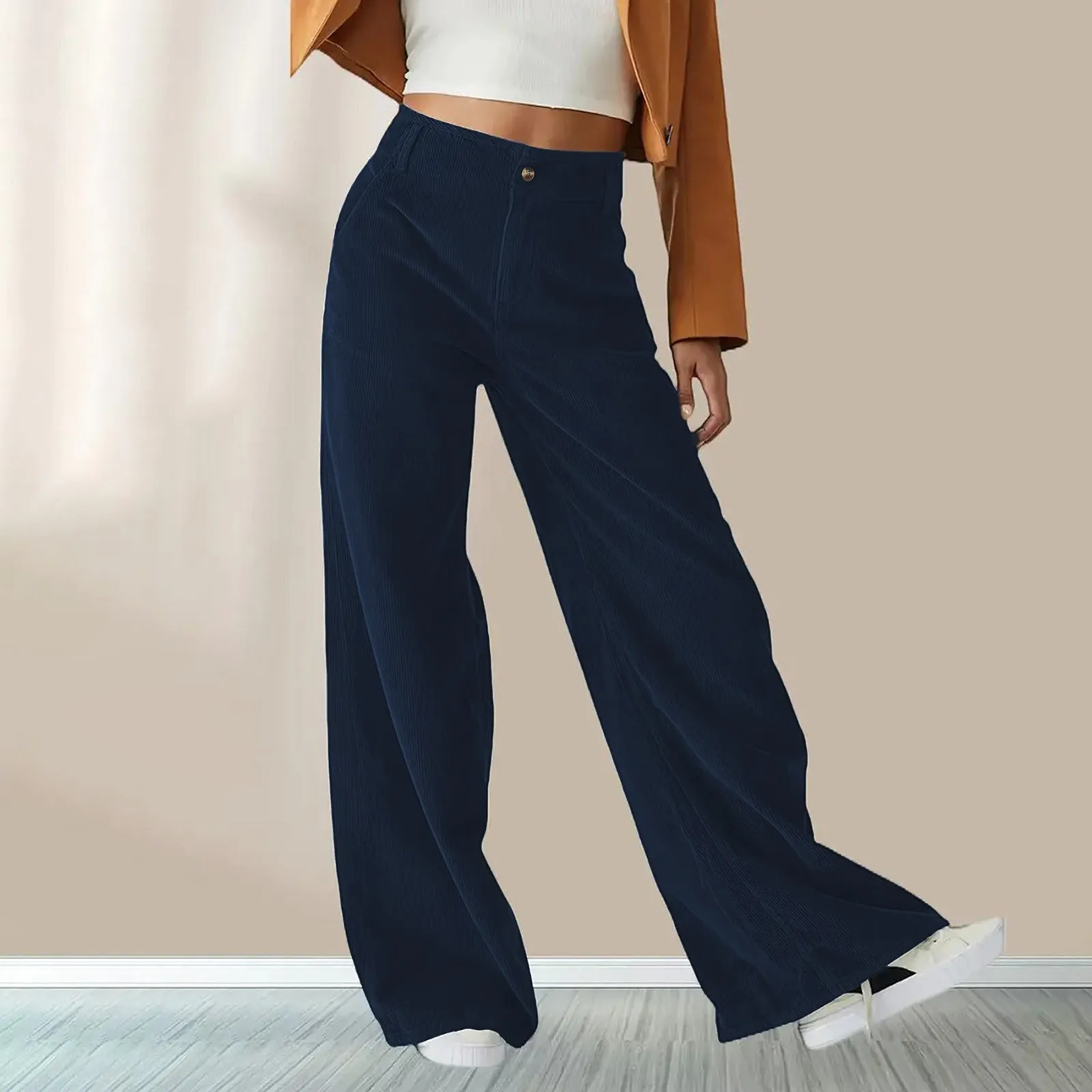 

Ladies Wide Leg Pants Corduroy Solid Color Straight Leg Pants Lady Business Work Fashion Comfy Loose Casual Button Warm Trousers