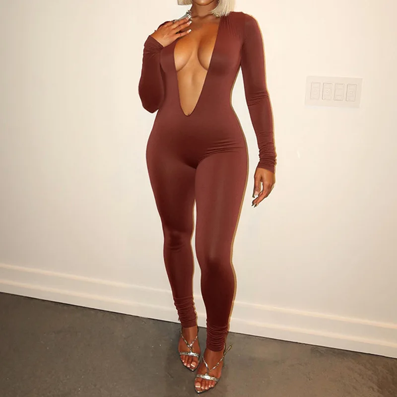 

European and American Early Autumn New Women's Clothing Sexy Fashion Deep V Long Sleeve Bare Back Tight Trousers Jumpsuit Women