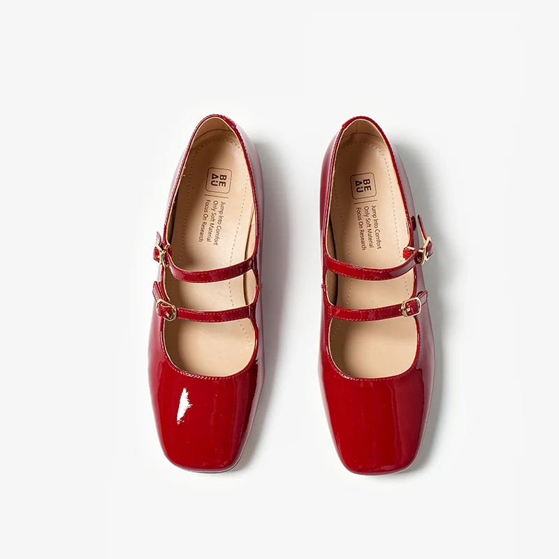 BEAUTODAY Mary Janes Women Patent Leather Dobule Buckle Straps Round Toe Solid Color Autumn Elegant Ladies Flats Handmade 18258