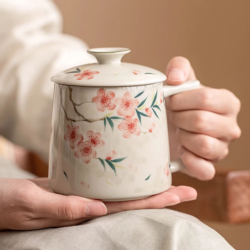 Chinese Style Flower Pattern Mugs, Home Personal Office Cute Teacup, With Cover, Creative Separated Tea Cups for Tea, 350ml, 1Pc