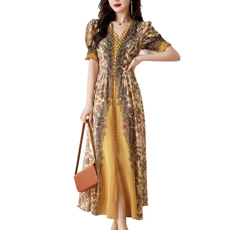 

Summer Women New Elegant High end Yellow Imitation Mulberry Silk Beautiful Skirt with Temperament Printed Simulation Silk Dress