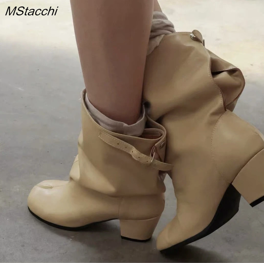 vintage-tabi-split-toe-women-mid‑calf-boots-pleated-slouch-block-heel-boots-buckle-slip‑on-footwear-for-autumn-daily-streetwear
