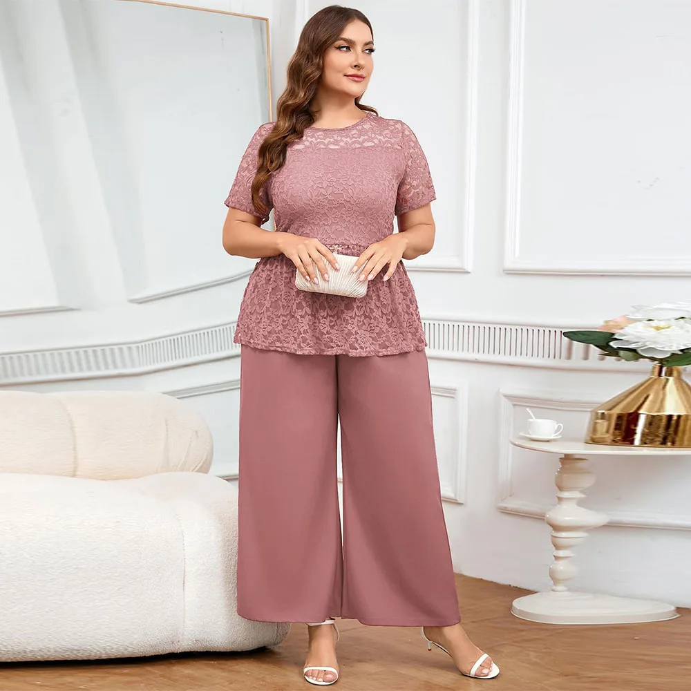 

Customized Mother of Bride Groom Pant Suits Elegant Lace Short Sleeve Pantsuits 2 Piece Sets Formal Wedding Guest Plus Size