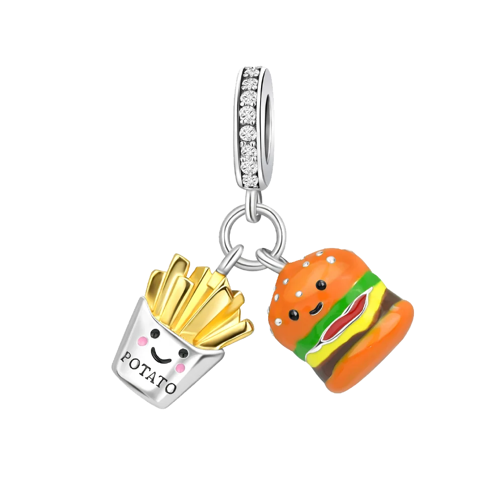 925 Sterling Silver Burger Fries Two-Piece Pendant Compatible with Original Bracelet, Men's and Women's DIY Jewelry Gift