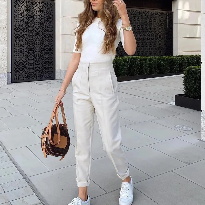 TRAF Office Wear Women\'S Formal Pants Pleated High Waist Pants For Women Casual White Cropped Trousers Blackpink Woman Pants