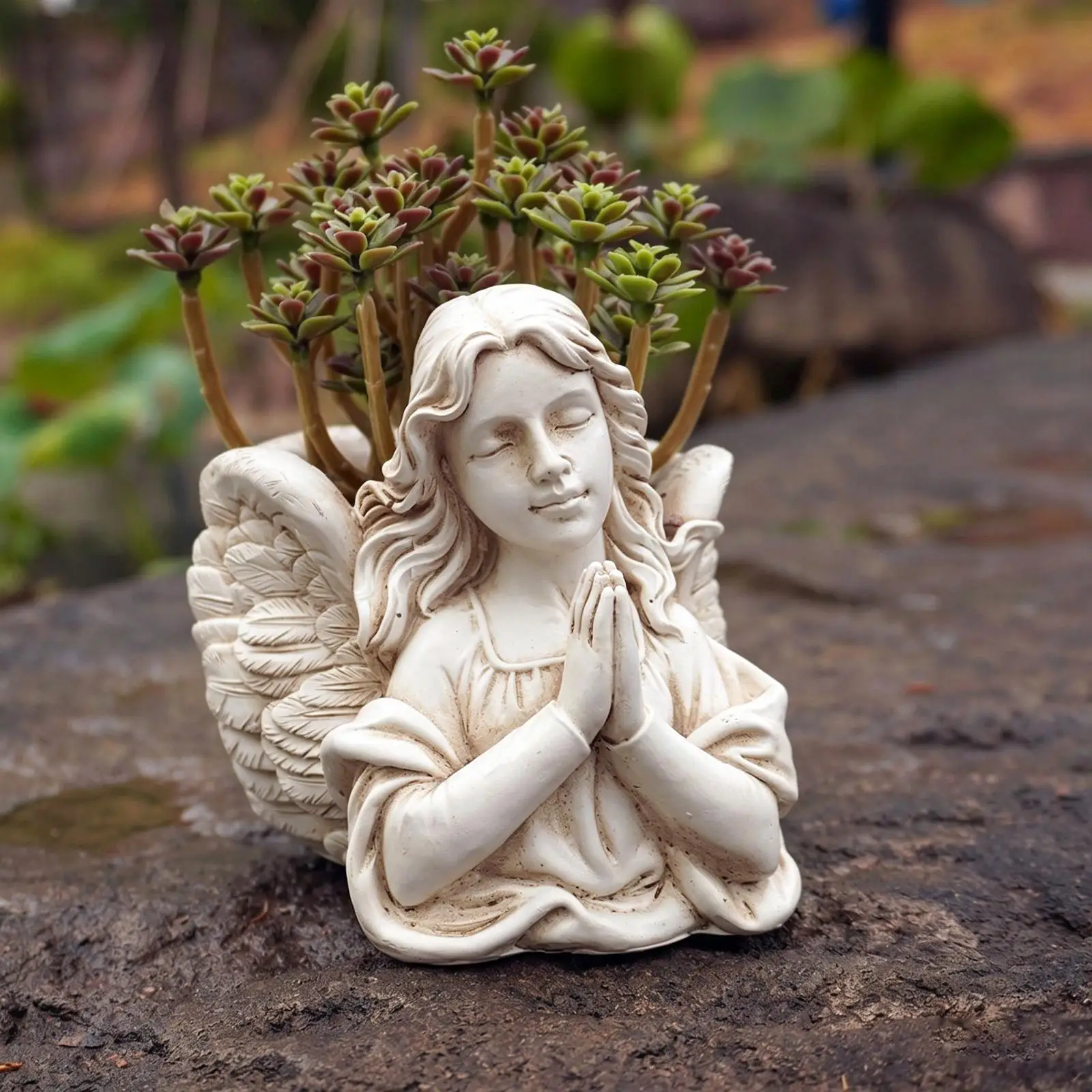 

Praying Angel Bust Garden Statue Planter White Organizer Decors Container Flower Pot for Office Garden Table Centerpiece Desk