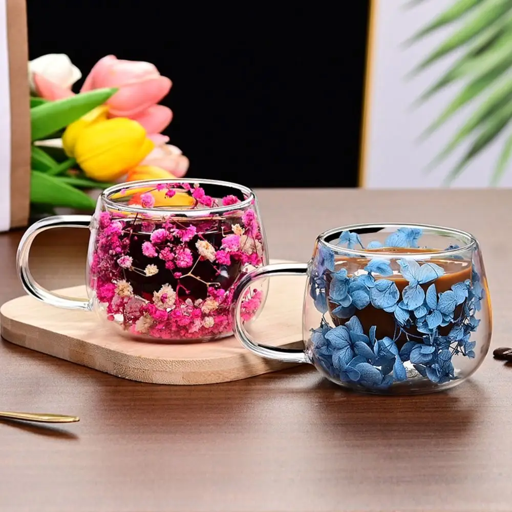 Tasse à jus, café, thé, fleurs séchées, tasse en verre, mug à lait avec poignée, mug à double paroi, résistant à la chaleur, 150 ml, tasse en verre transparente, usage domestique