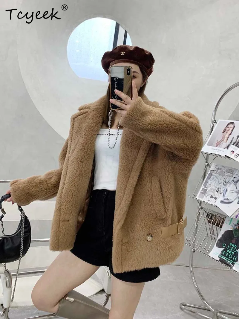 Tcyeek Alpaca Wool Coat Loose Oversized Women Clothes Warm Fur Jacket Short Length Ladies Clothing Autumn Winter Womens Fur Coat