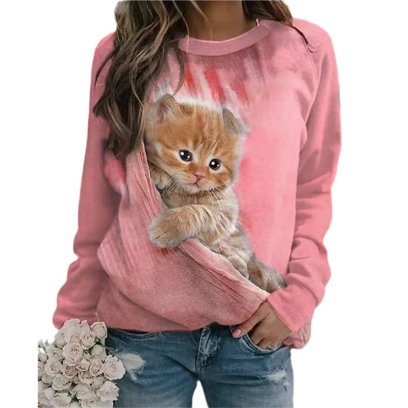 Cute Cat Sweatshirts Animal 3D Print Hoodies Women Fashion O-Neck Long Sleeve Y2k Hoodie Oversized Pullovers Top Female Clothing