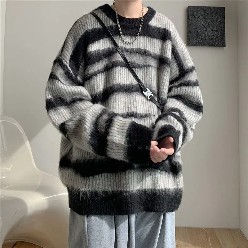 

Young Style Striped Sweaters Men's Clothing Korean Loose Autumn Winter Basic Contrasting Colors Spliced Chic Knitted Pullovers