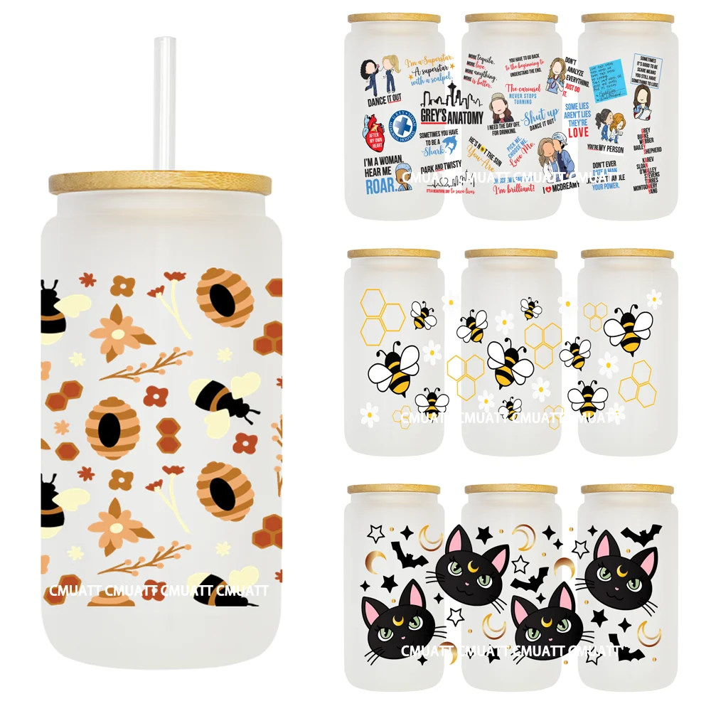 

Cute Bee And Black Cat 16OZ UV DTF Cup Wrap Transfer Stickers Custom Labels DIY Durable Waterproof Logo For Libbey Glass Can