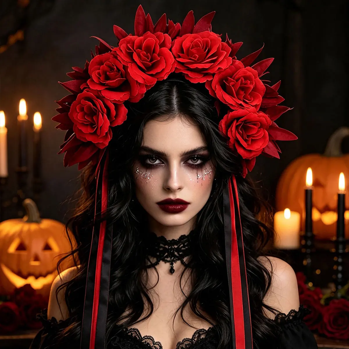 Halloween Flower Headband, Gothic Rose Wreath Headpiece with Long Ribbons, Day of the Dead Costume Hair Accessory, Women's Party Role-Playing Flower Headband, Suitable for Halloween Carnival