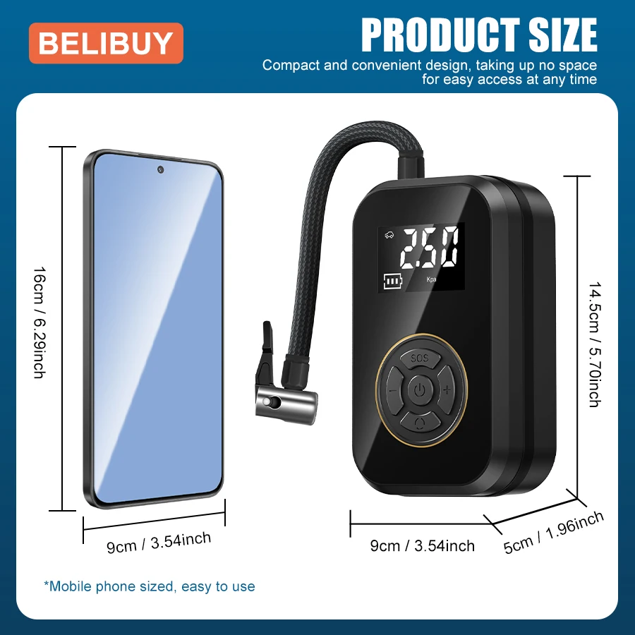 BELIBUY Professional Tire Inflator with Kpa Display, Portable Electric Air Compressor for Car Bike Ball Mattress