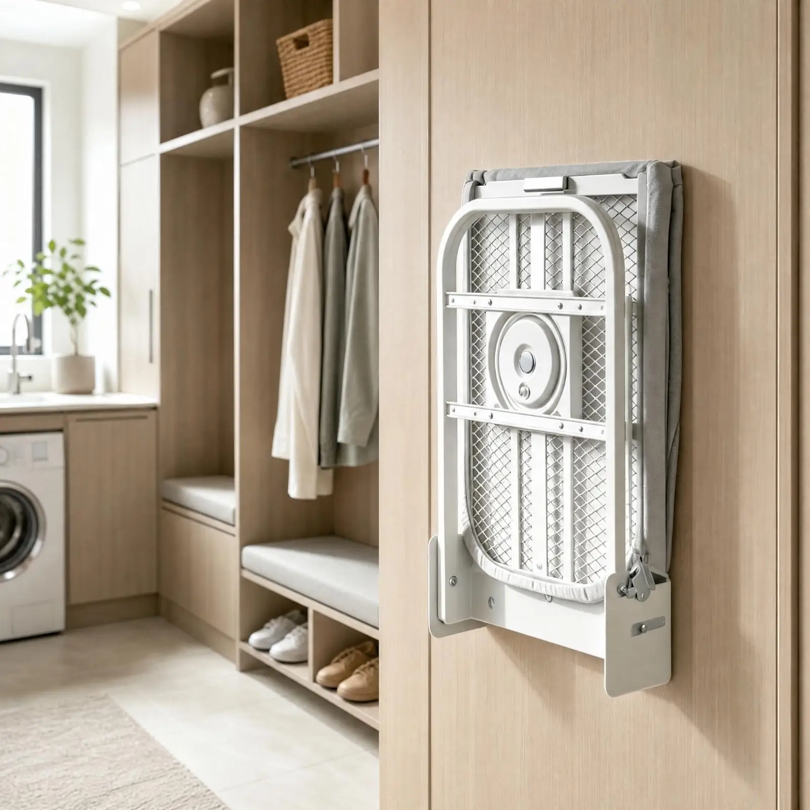 Fold Down Wall Ironing Board with Rotating Surface and Carbon Steel Construction for Limited Floor Area Homes