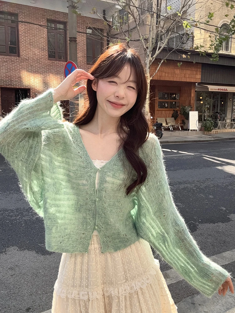 Sweet V Neck Cardigan Women Loose Sexy Cropped Preppy Style Knitted Sweater Fall Lady Lazy Wind Long Sleeve Elegant Vintage Tops