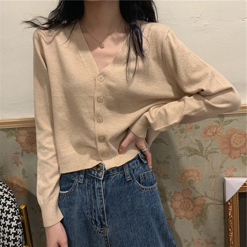 

Spring Autumn Open Cardigan Thin ort Knitted Sweater Long Sve V-Ne Korean Sle Jaet Women's Faion Inner Wear Oute...