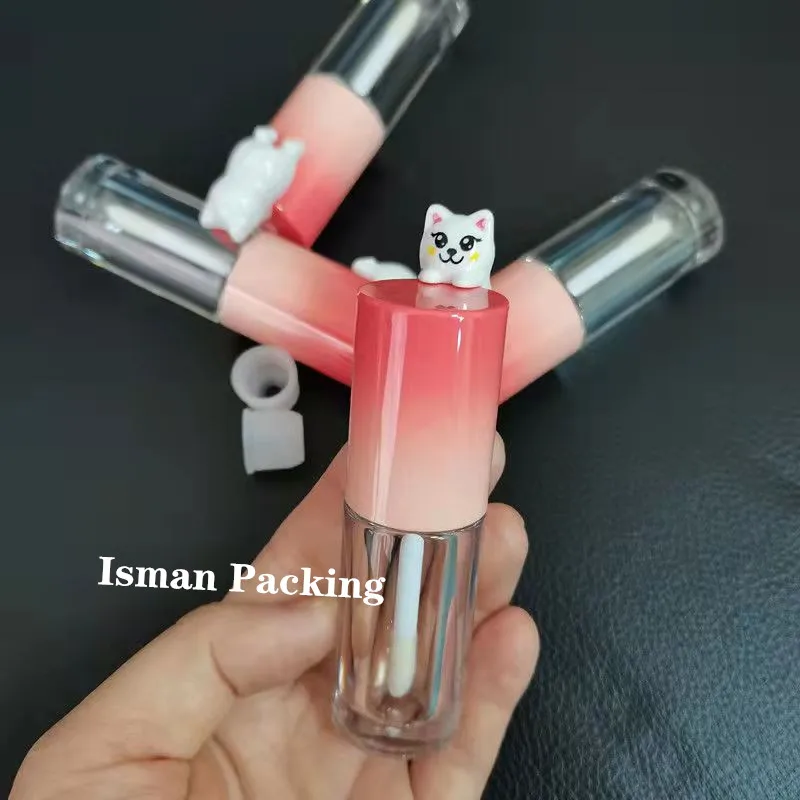 50Pcs empty cute cartoon lipgloss containers tube unique clear cat top shaped lipstick lip gloss packaging with brush 4ml