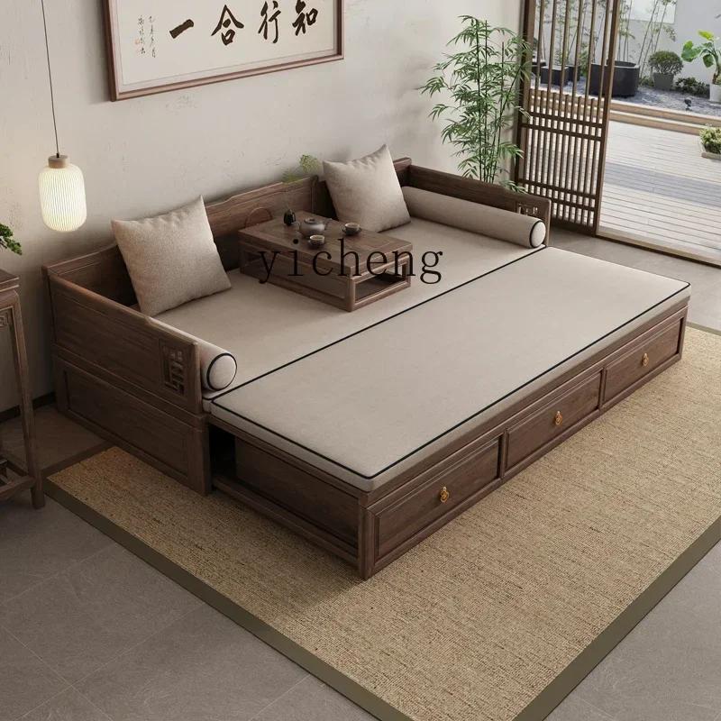 sa-11 new Chinese walnut solid wood Arhat bed push-pull living room couch telescopic storage with box sofa bed