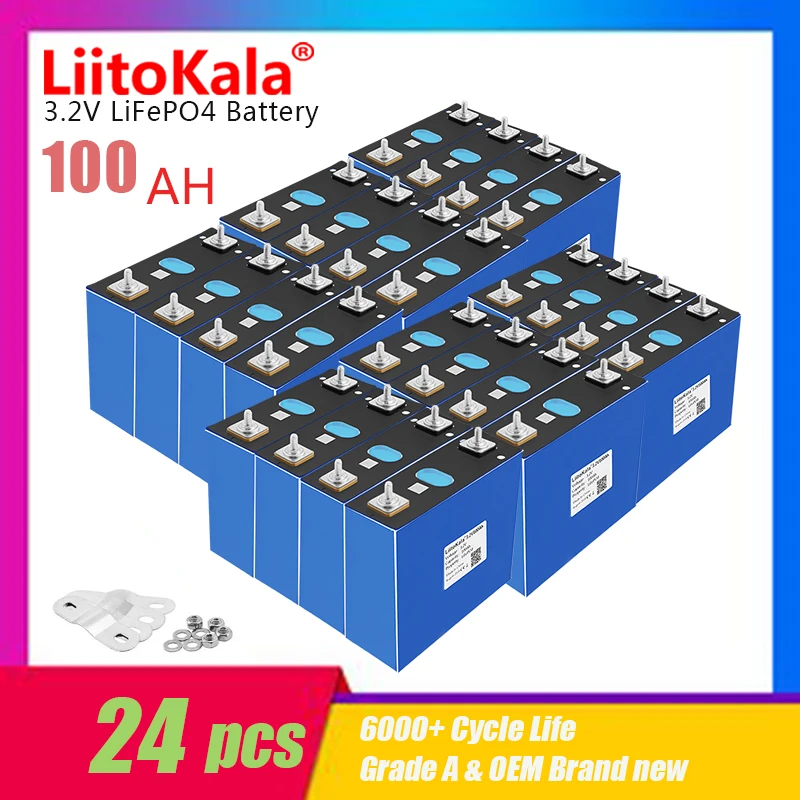 24pcs LiitoKala 3.2V 100Ah Lifepo4 Battery CELL 12V 24V 48V Electric RV Golf Car Outdoor Solar Energy Rechargeable GRADE A NEW