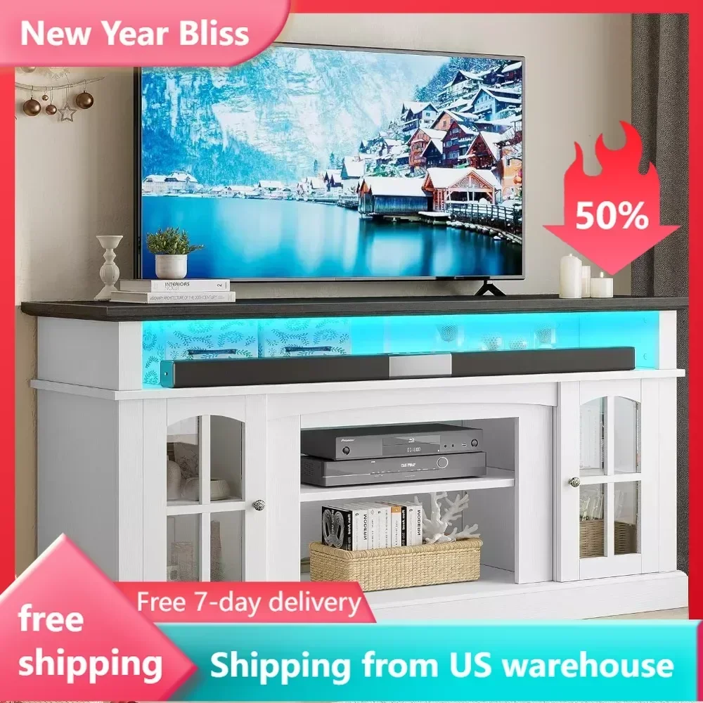 LED Farmhouse TV Stand for TV Up to 65 Inch W/Outlets White Furniture Cabinet Living Room Table Home Stands