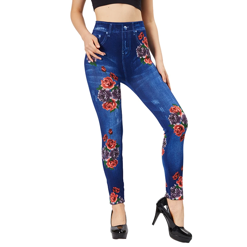 CUHAKCI Women Rose Print Elastic Blue Jeggings Fake Pocket Casual Workout Yoga Leggings Slim Fit Faux Denim Female Pencil Pants