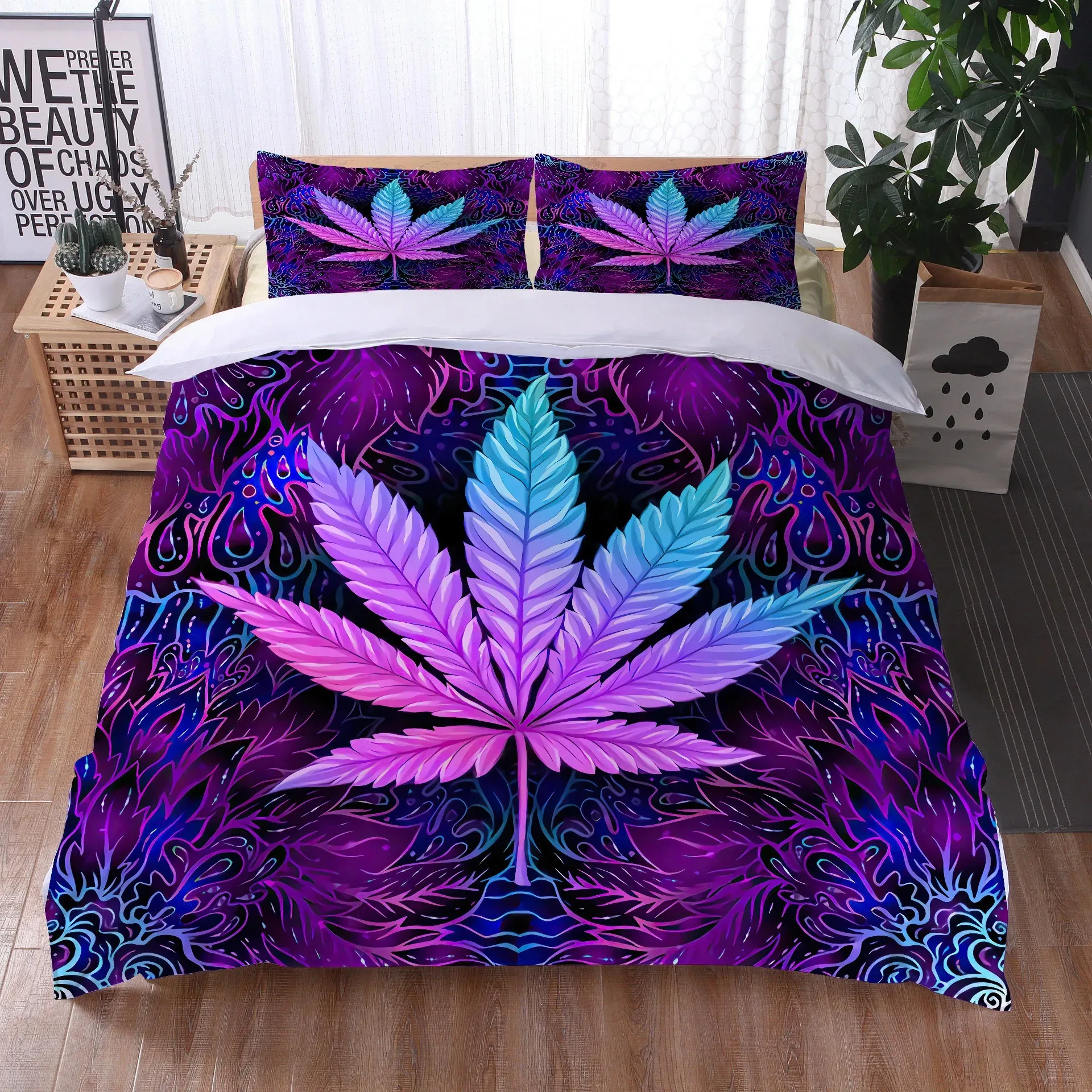 Psychedelic Marijuana Leaf Duvet Cover Set Colorful Cannabis Leaves Bedding Set Microfiber Botanical Weed Hemp Comforter Cover