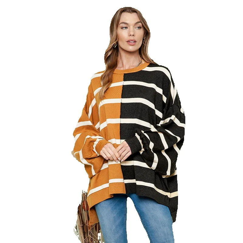 

Round Neck Striped Sweater For Wo In Autumn And Winter 2023, New Fashion Loose Fitting Color Contrast Long Sleeved Top