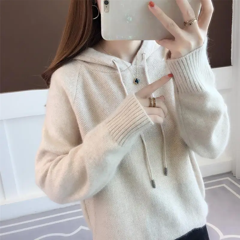 

2024 Autumn/Winter New Women's Hooded Sweater Casual Loose Pullover Solid Color Wool Long Sleeve Knitted X177