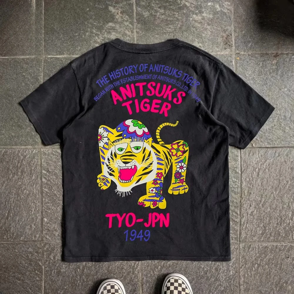 Vintage Japanischer Holzschnittdruck Tiger Farbgrafik Bedrucktes T-Shirt für Männer und Frauen Baumwolle Casual Kurzarm T-Shirt Herren T-Shirts – Detail 8