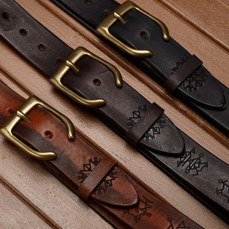 اضافية سميكة جلد البقر شخصية النحاس القرن على شكل مشبك رئيس حزام رجالي الرجعية النقش محظوظ رمز حزام البنطال الجينز