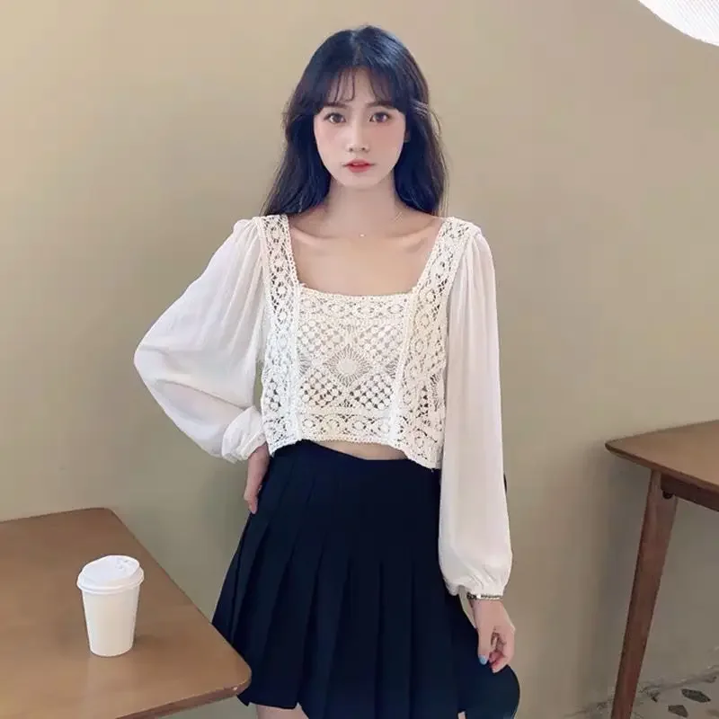 Blouse Women Square Collar Puff Sleeve Hollow Out Patchwork Fashion New Elegant All-match Loose Casual Sweet College Crop Tops