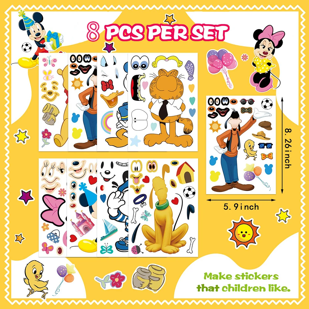 8Sheets Disney Cartoon Puzzle Stickers Make-a-Face Mickey Donald Duck Cute Children DIY Game Jigsaw Kids Toys Party Decoration