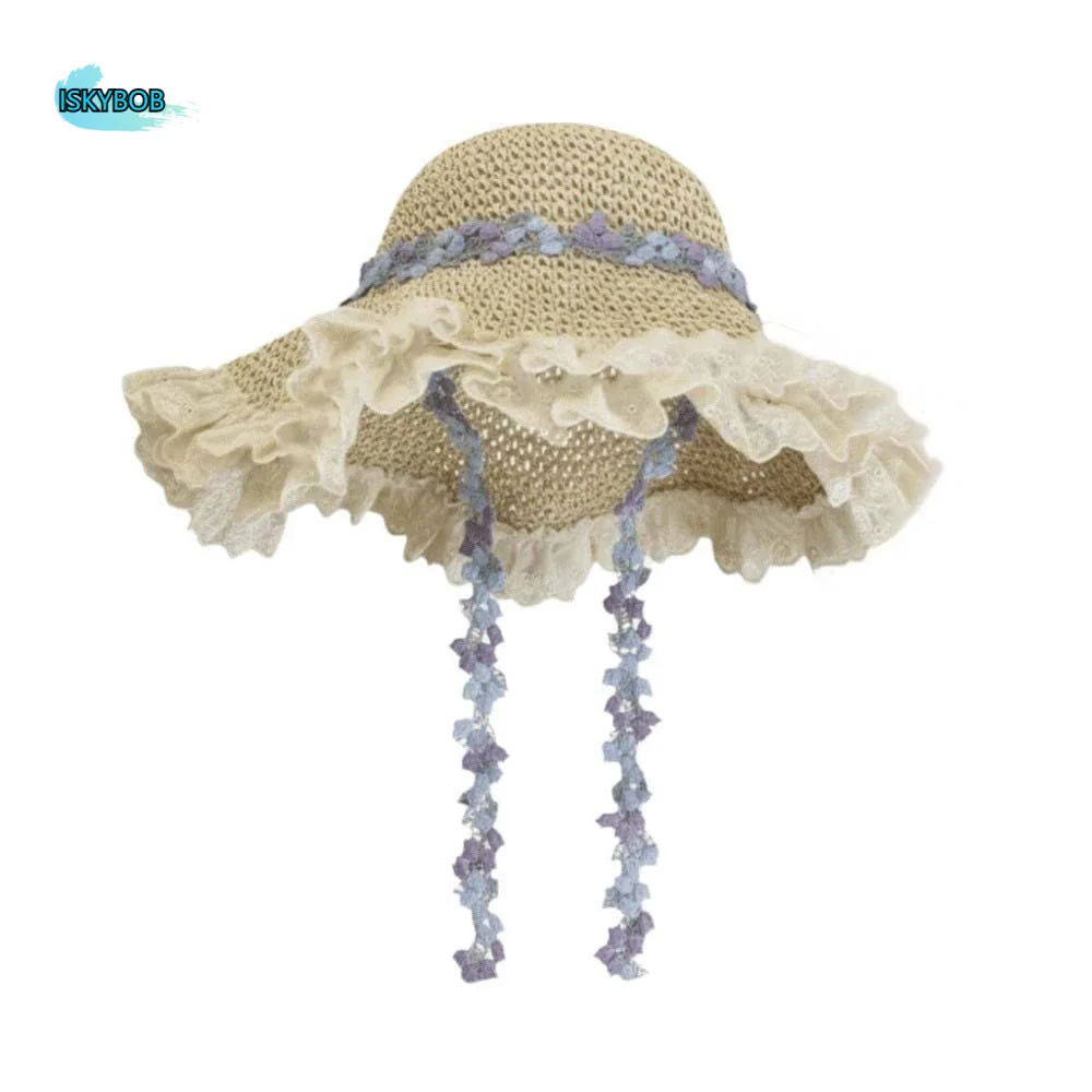 

Breathable Vacation Beach Cap with Garland Lightweight Big Brimmed Straw Hat Sombrero with Lace Woven Sun Cap Performances
