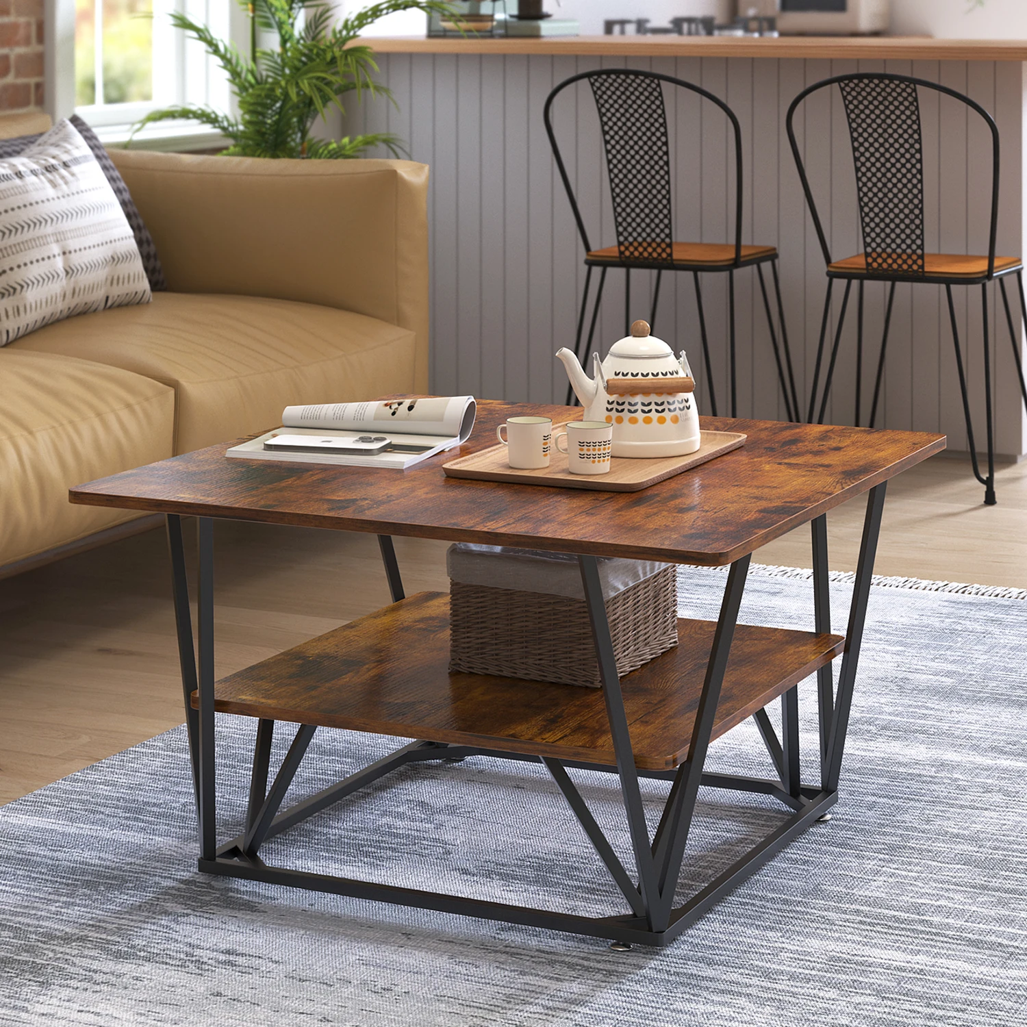 

Square Coffee Table for Living Room, Modern 31.5" Two-Tier Caramel Brown Table with Wooden Top-Almond and Black Frame
