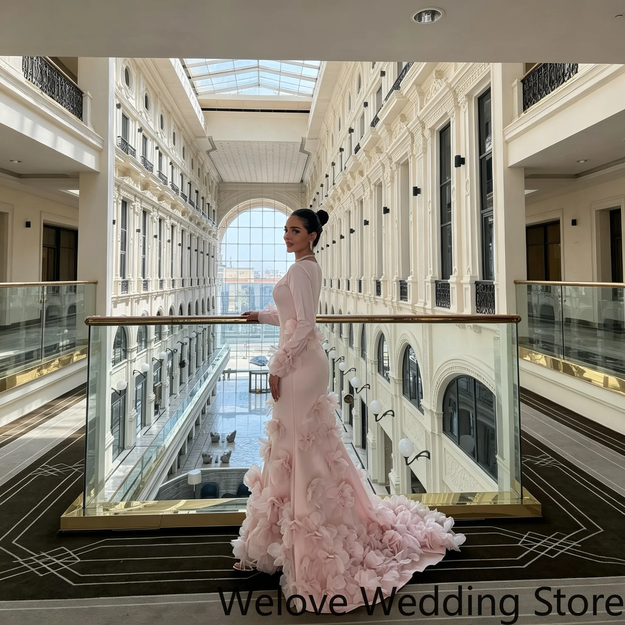 Pink Modest Mermaid Evening Dress Square Neck Long Sleeves 3D Organza Floral Appliques Formal Gown With Small Train For Party