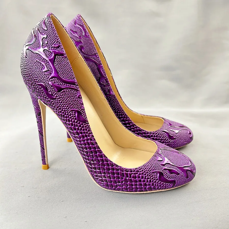 Tikicup 2024New 12cm/10cm Sexy High Heels Women Purple Crocodile Effect Round Toe Slip On Elegant Formal Dress OL Stiletto Pumps