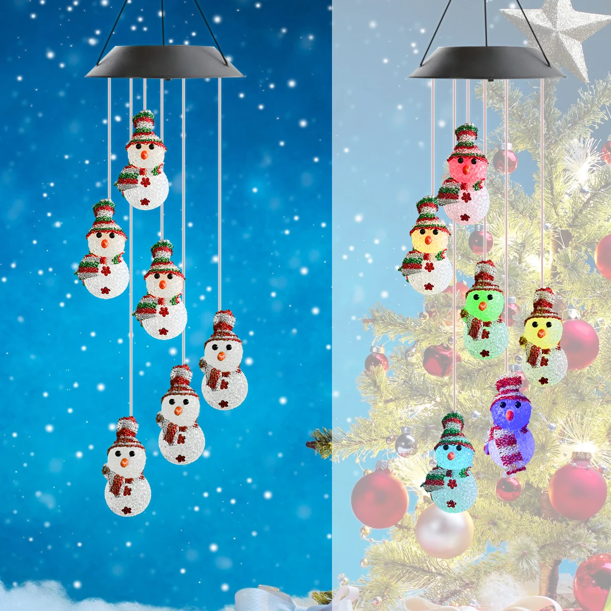 1 PC Solar Christmas Wind Chime Colorful LED Snowman Lights Hanging Outdoor Waterproof Christmas Decorative Lamp For Home Decor