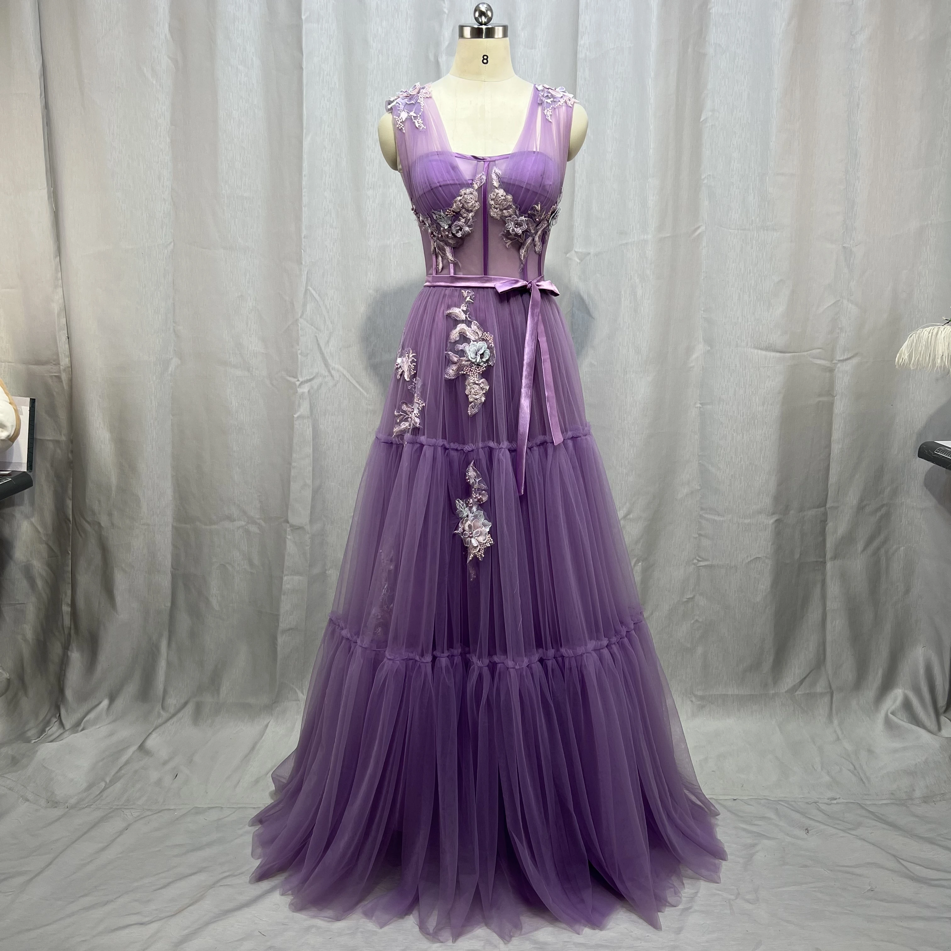 MYYBLE Elegant Lavender Tiered Tulle Long Prom Dresses 2022 A Line Fitted Boning 3D Flowers Floor Length Evening Gowns