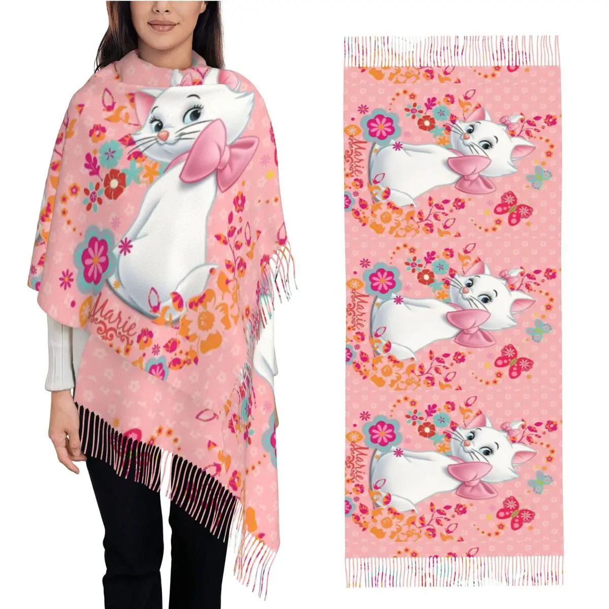 

The Aristocats Marie Cat Scarf with Long Tassel Warm Soft Shawl Wrap Ladies Graphic Scarves Wraps Autumn y2k Funny Bufanda Mujer