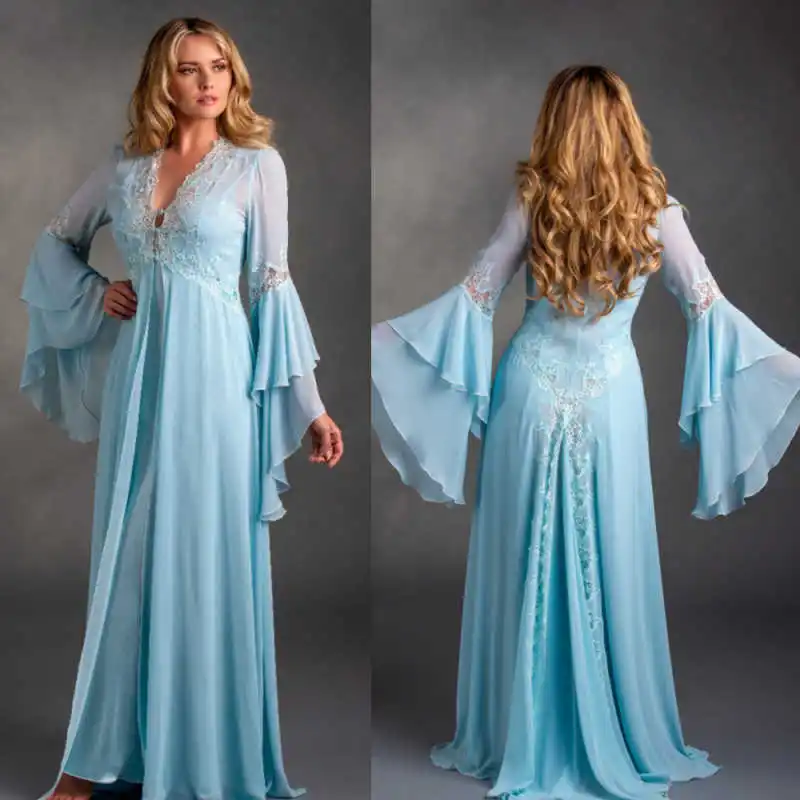 

Elegant Sleepwear Women Maternity Appliques Lace 2 Piece Long Sleeve Wedding Bridal Robe Customized Nightgown Pajamas
