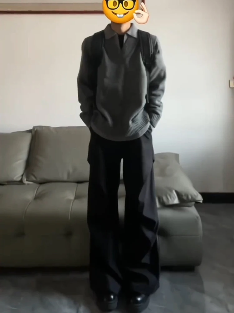 

Мужской вязаный свитер в стиле ретро Sle, V-Ne Base irt, искусственный двухсекционный свободный крой, удобный длинный свитер из полиэстера, осенняя одежда