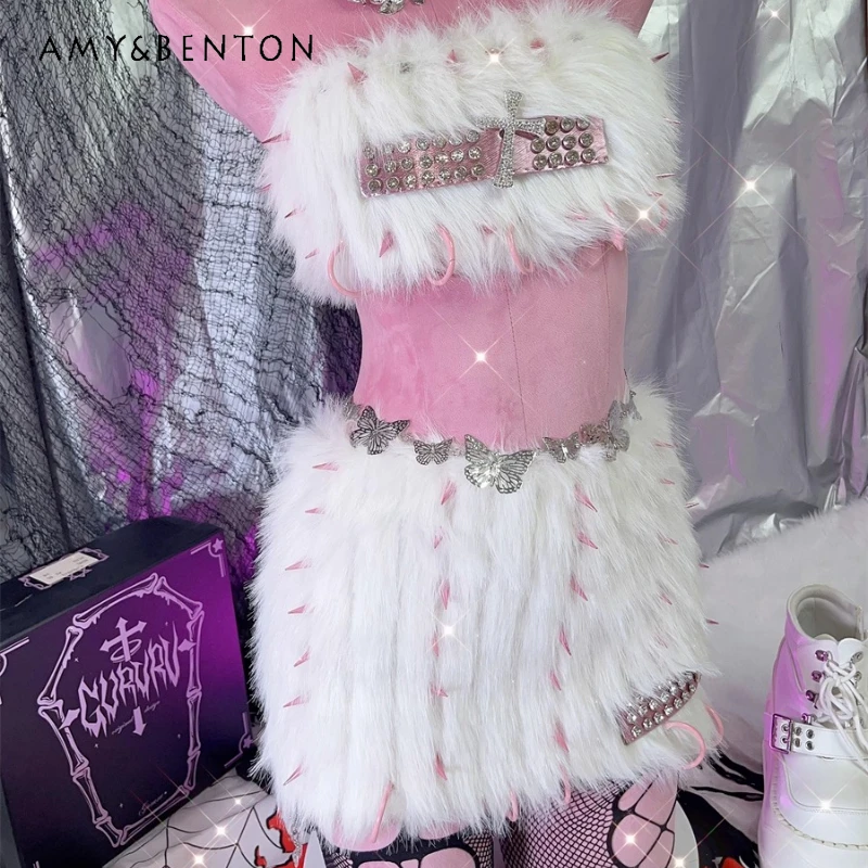 

European American White Hot Girl Furry Rhinestone Women's Tube Top Original New Sweet Cool Sexy Rivet Bodycon Skirt Set Ladies