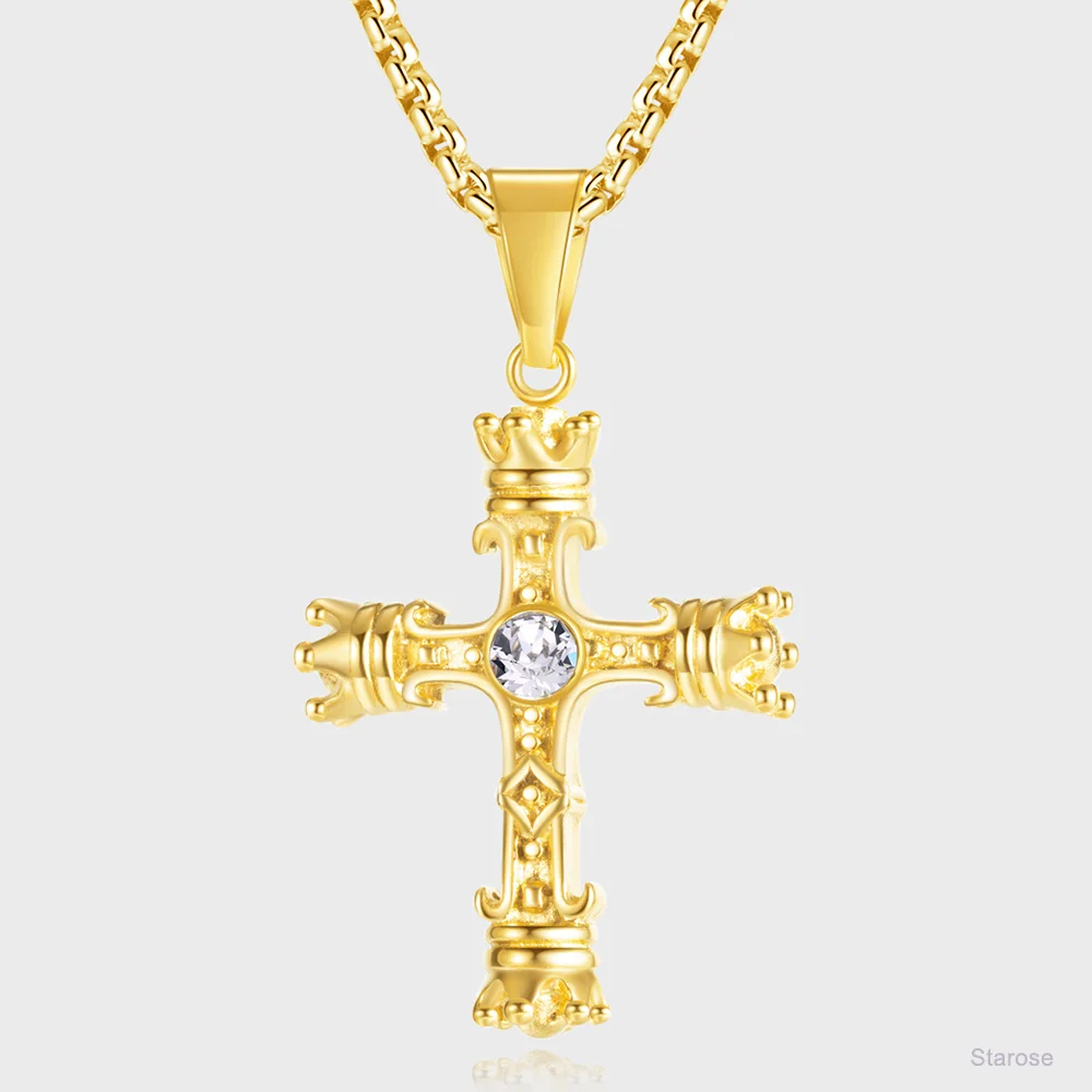 2022 New Tready Stainless Steel Cross Necklaces for Women Black Gold Color Zircon Crown Pendant Necklace Men 3x55cm Square Chain