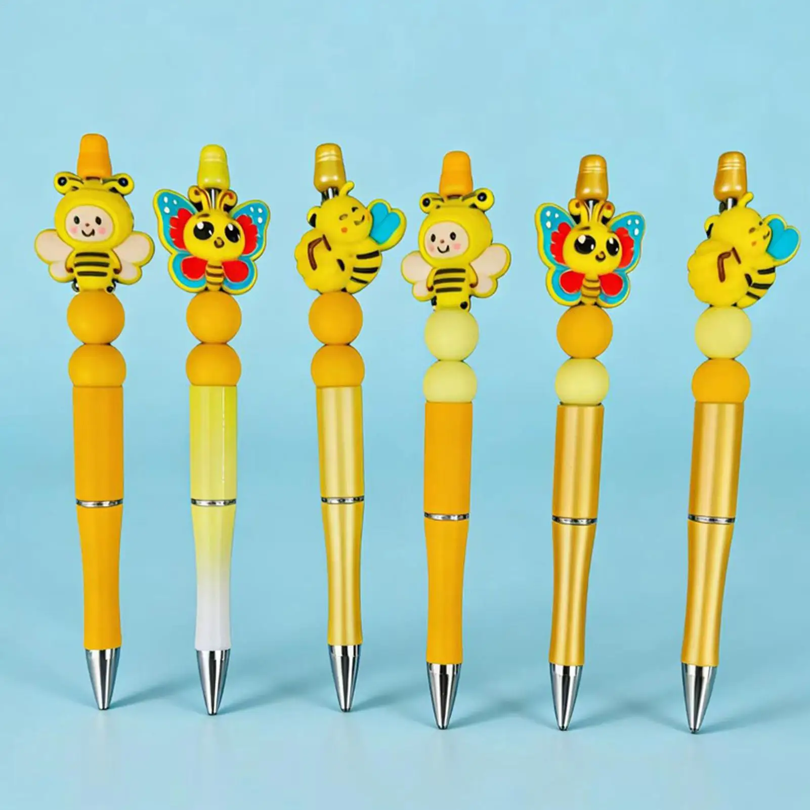 

9pcs Cartoon Bee Theme Ballpoint Pen Non-Slip Grip Silicone Yellow Beads Gel Ink Pens DIY Bee Decorative Ballpoint Pen