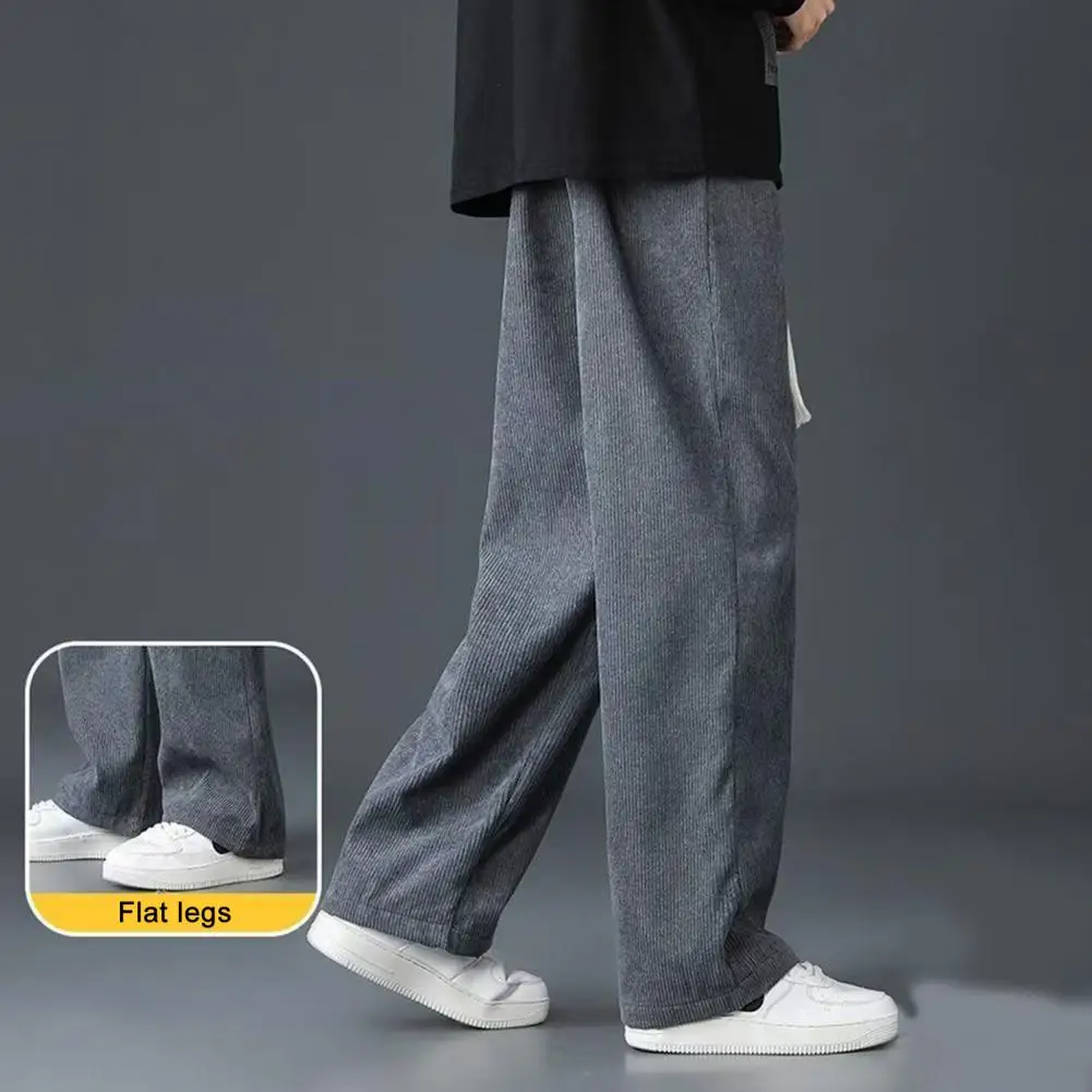 Elastic Waist Drawstring Pants Men's Corduroy Drawstring Pants with Elastic Waist Wide Leg for Spring Fall Thick Plush Slacks