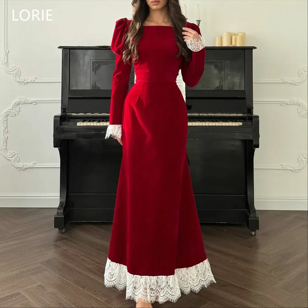 

LORIE Elegant Red Party Dresses Lace Puff Full Sleeves Evening Prom Dress Formal Mermaid Prom Gowns Customized