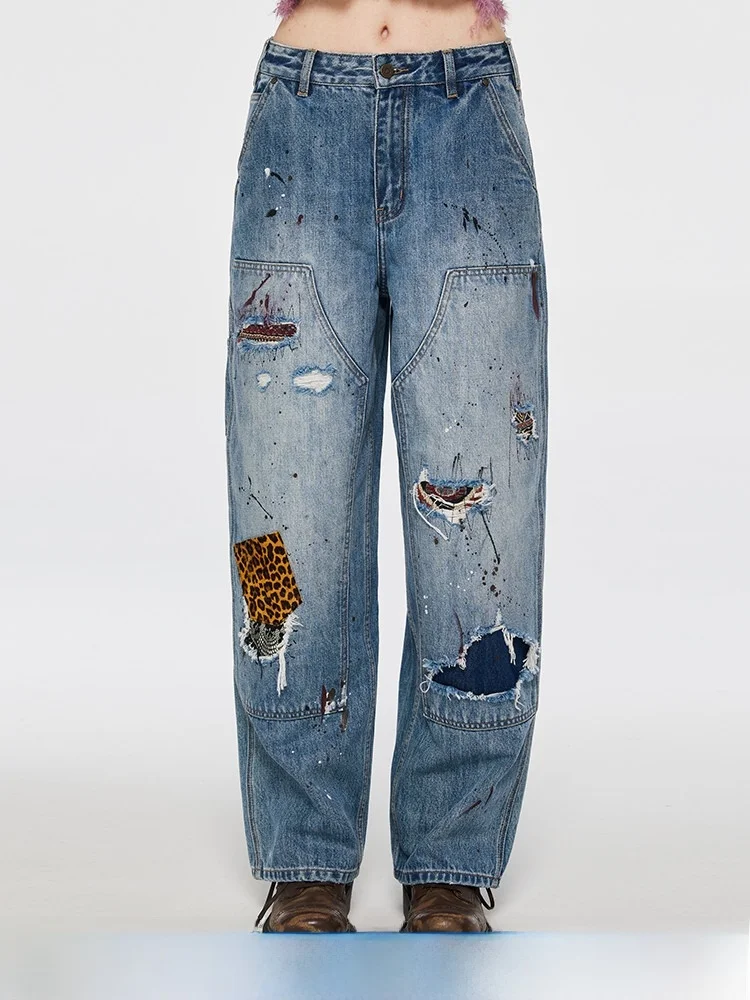 

DNT повседневные ретро хиппи в стиле пэчворк с дырками, прямые джинсовые джинсы, женские весенние джинсы с талией