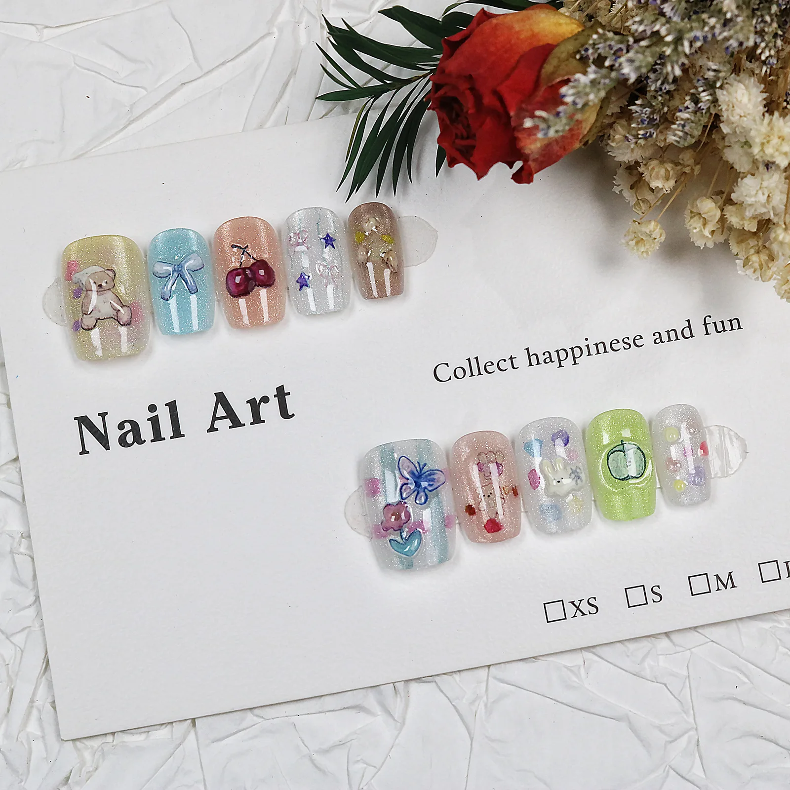 

10pcs Cute Cartoon Girl Short Round Handmade Press On Nails Tips Light Sequins Bear Rabbit Short Fake Nails Removable Reusable