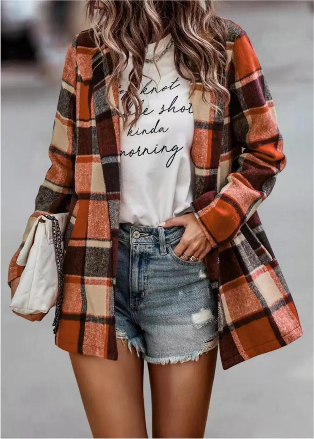 2023 European and American Women\'s Wear Autumn/Winter Long Sleeve Polo Collar Loose Plaid Thickened Woolen Coat