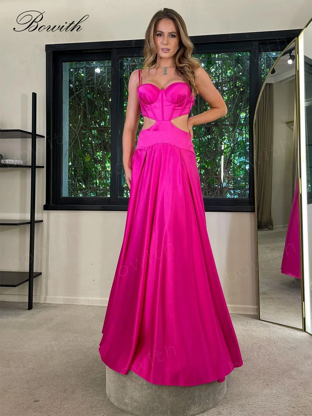 Bowith Fuchsia Evening Dresses Long Luxury 2023 A Line Prom Dresses Cut Out Prom Dresses for Gala Party vestido de noche